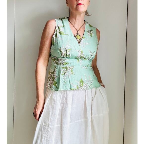 VTG 90s Cotton Peplum Mint Green Blouse Size L-10 Floral Print Retro Cottagecore - Picture 2 of 8